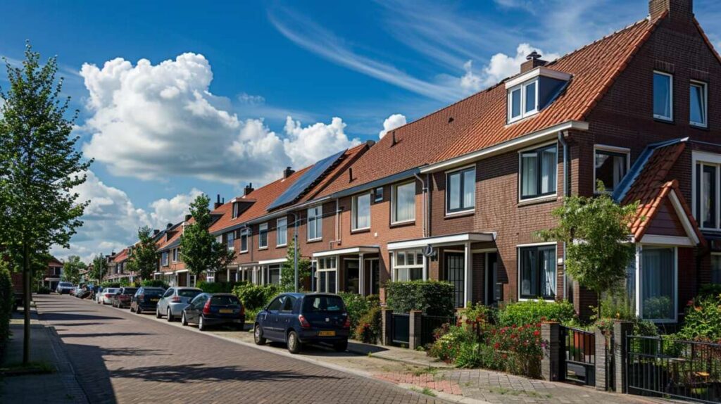 Straat met bakstenen rijwoningen en bomen in de zomer